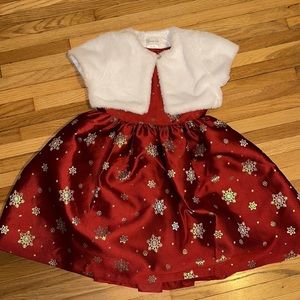 Adorable girls red holiday dress with metallic snowflakes